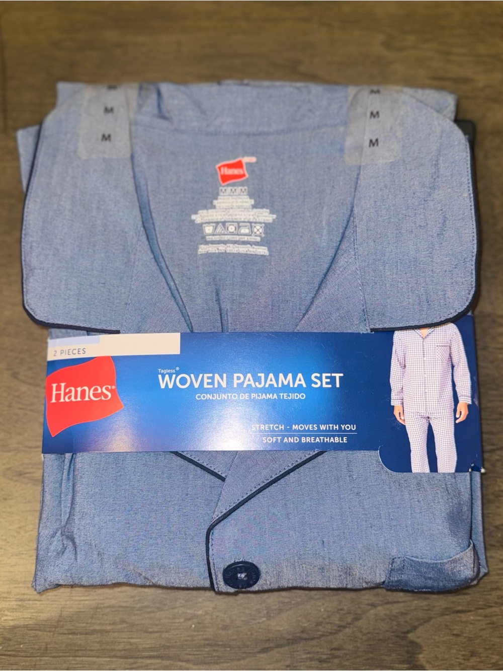 Hanes Mens Pajama Set Size M Blue Stretch Woven Button Shirt Pants Sleepwear NWT - Picture 2 of 5